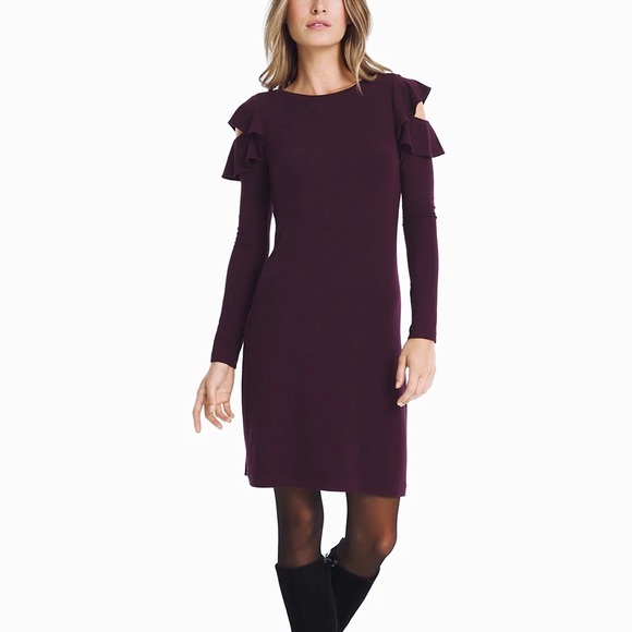 White House Black Market Dresses & Skirts - White House Black Market Long Sleeve Ruffle Shoulder Sheath Dress in Deep Plum